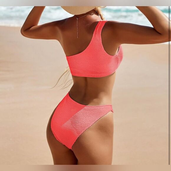 Women's One Shoulder Top with Mid Waist Two Piece swimsuit,XS NWOT coral pink - Picture 3 of 12